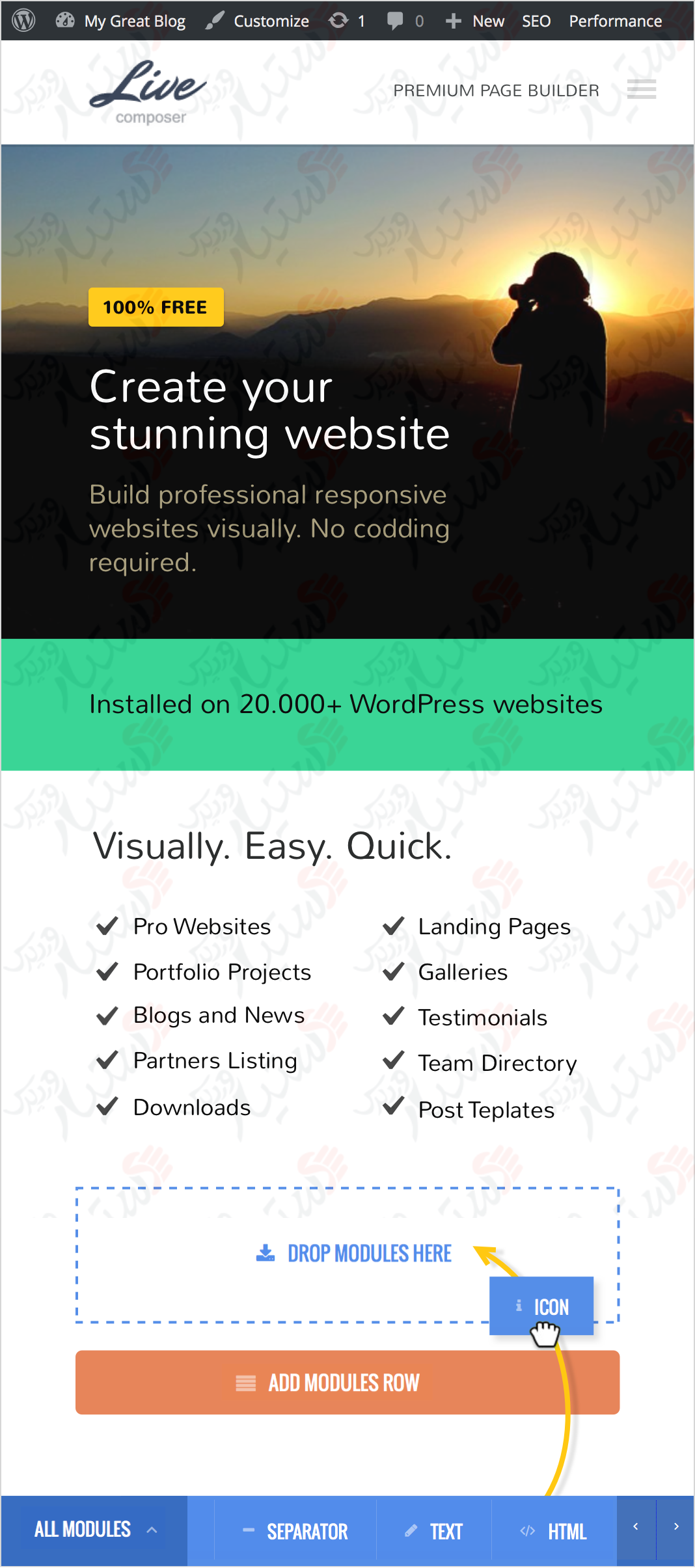 دستیار وردپرس - افزونه Page Builder: Live Composer drag and drop website builder (visual front end site editor)