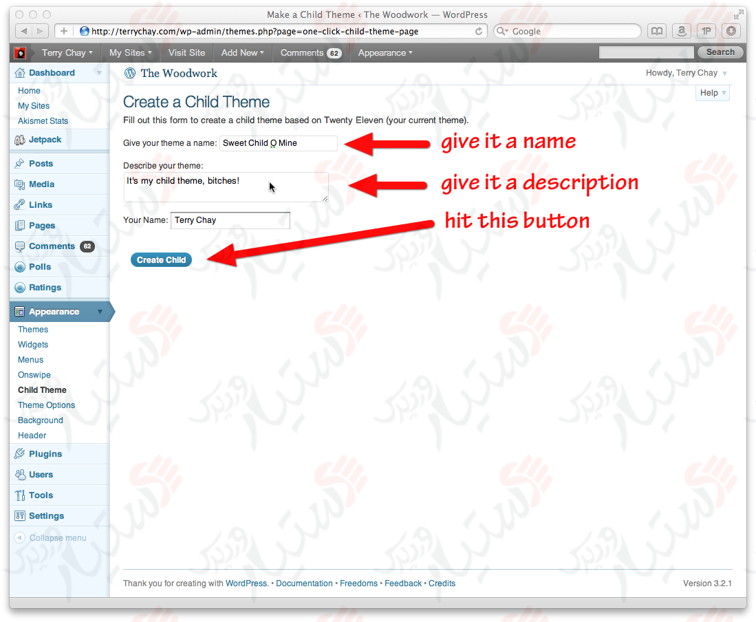 دستیار وردپرس - افزونه One-Click Child Theme