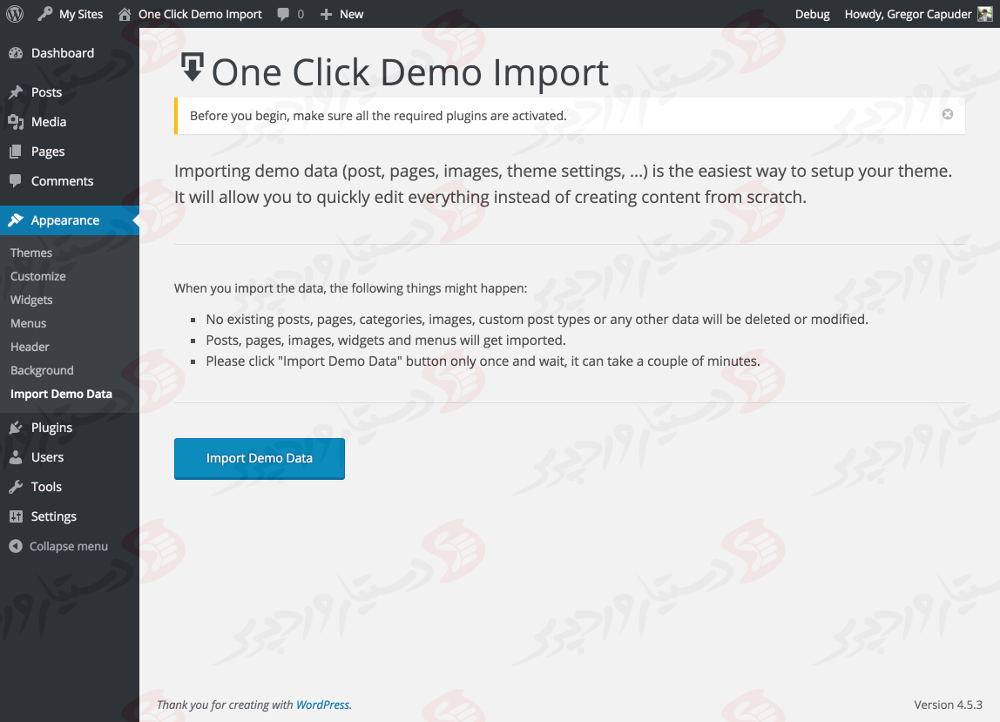 دستیار وردپرس - افزونه One Click Demo Import