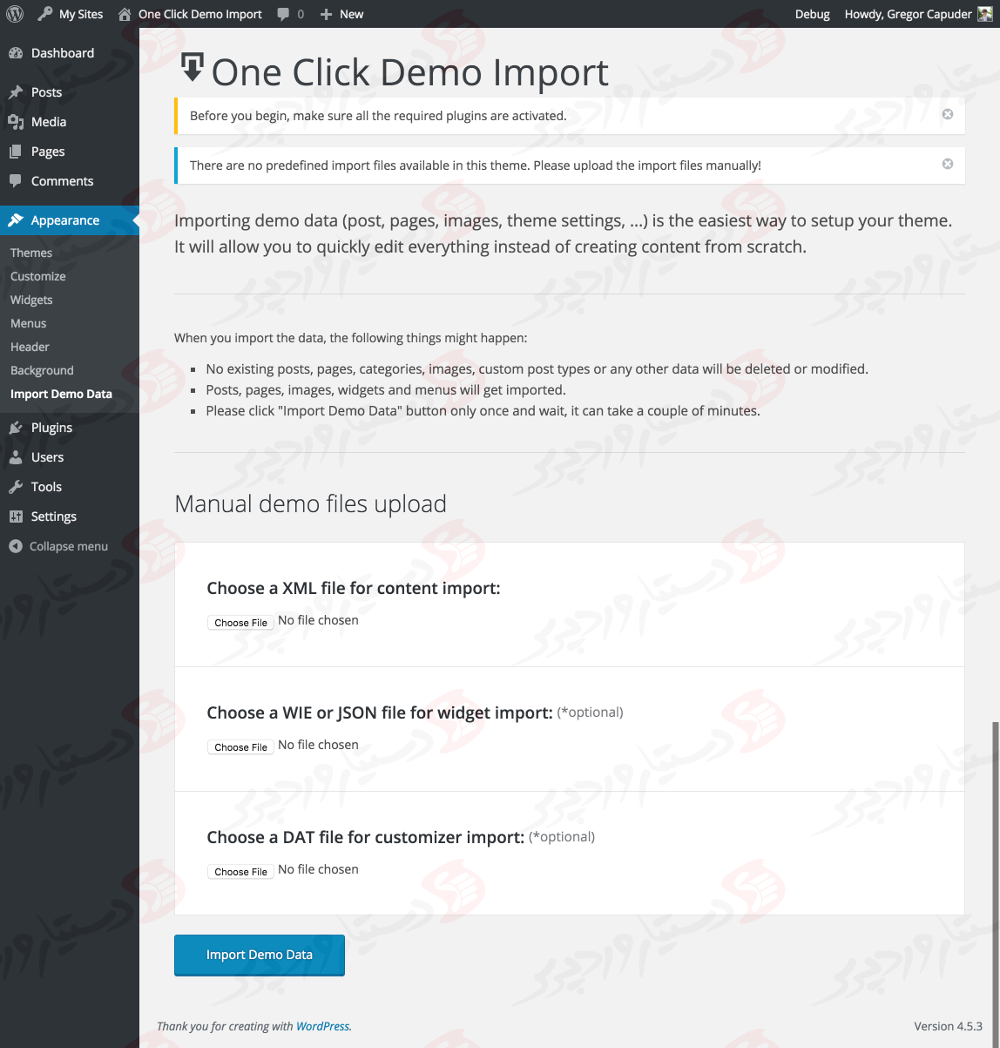 دستیار وردپرس - افزونه One Click Demo Import