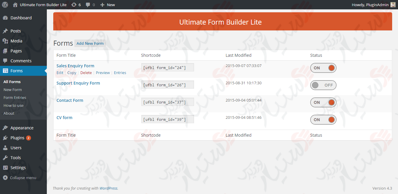 دستیار وردپرس - افزونه Contact Form for WordPress Ultimate Form Builder Lite