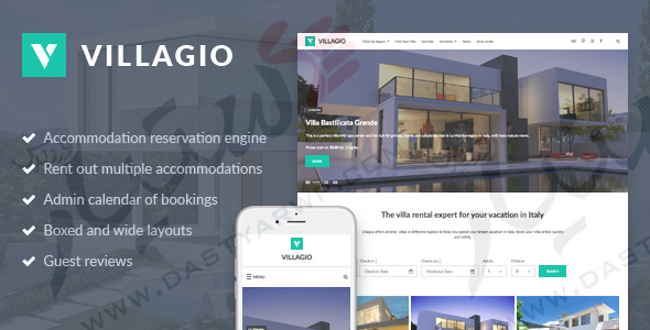  قالب Villagio به راحتی با این قالب یک سایت وردپرس راه اندازی کنید. اگر شما می خواهید سایتی برای رزرو هتل یا اجاره ملک داشته باشید و یا برای انواع  ویلاها، خانه های مهمان، اجاره تعطیلات، آپارتمان ها و خدمتی ارائه کنید بهترین قالب ممکن را در اختیار دارید.