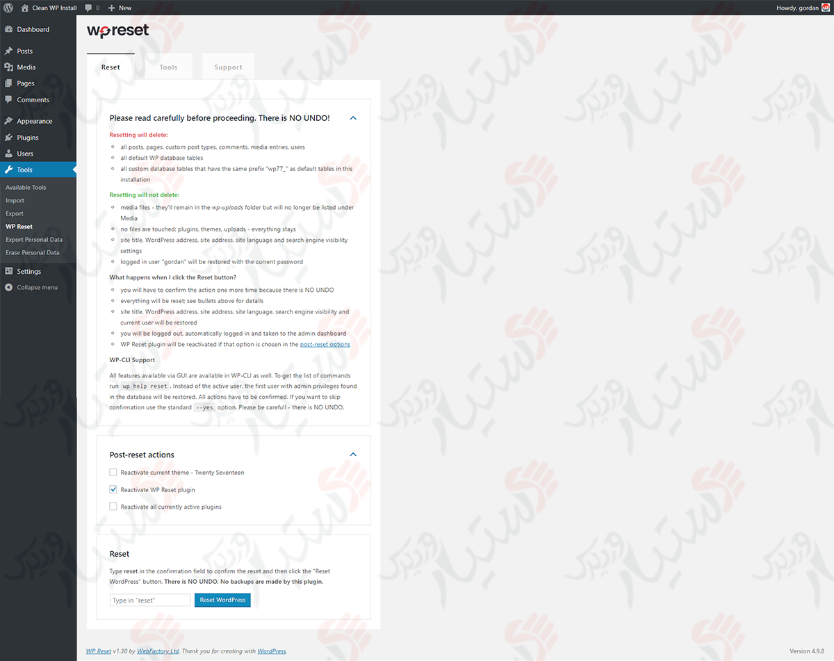 دستیار وردپرس - افزونه WP Reset Best WordPress Reset Plugin